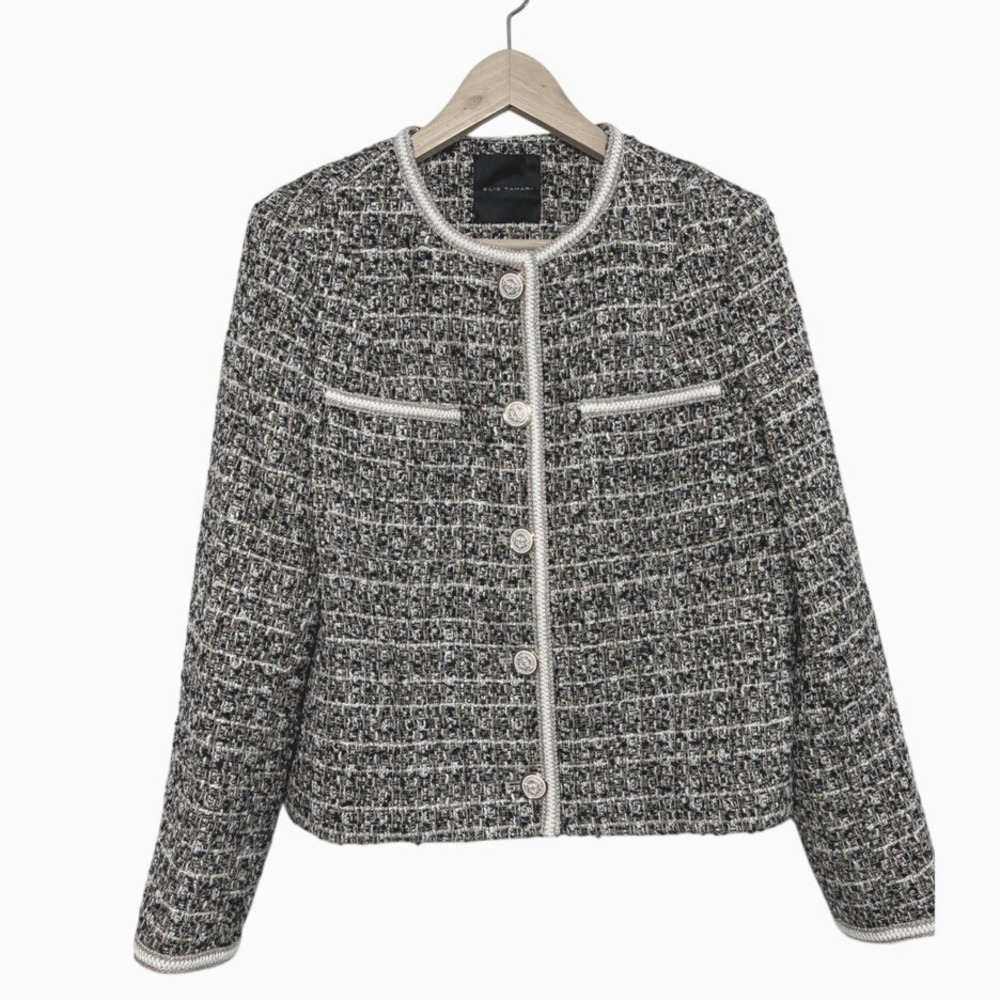 Elie Tahari Tweed Jacket‎  Braided Trim  Gold Crest Buttons  Blazer L